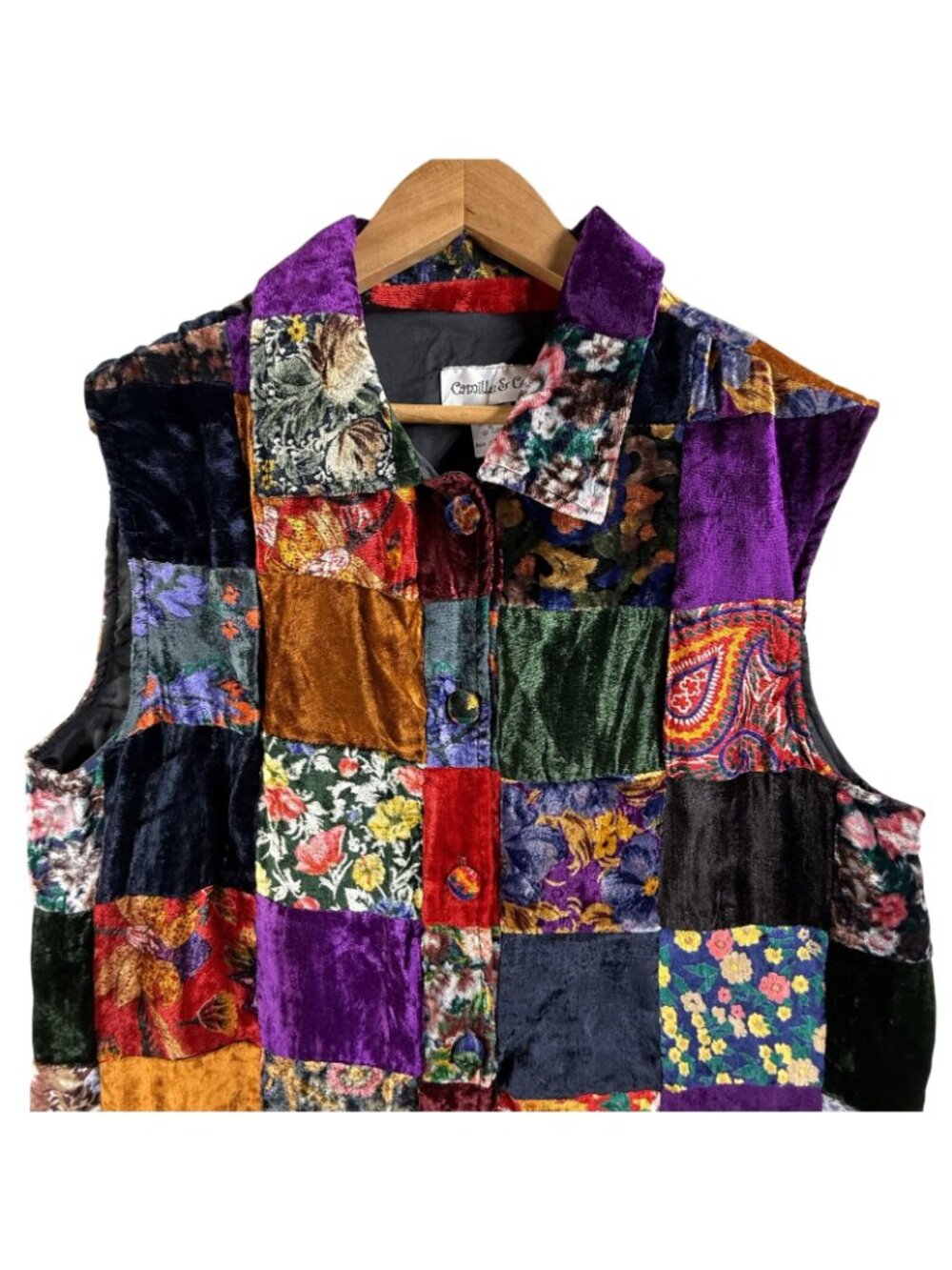 Vintage Camille & Co Vest Womens XL Velvet Patchwork Floral Boho Made USA 90s - Picture 7 of 14